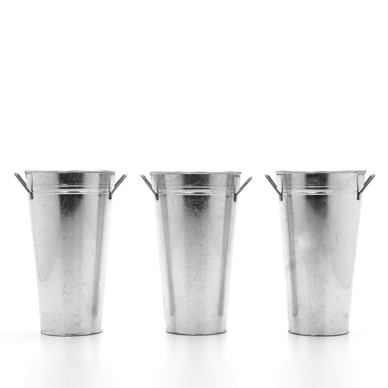 Hosley Set of 3 Galvanized French Bucket Vase with Handles 5" Dia x 9" H Ideal for Farmhouse Dried Floral Arrangements at Home for Weddings Gifts Spa and Aromatherapy Settings O5 - Image 2
